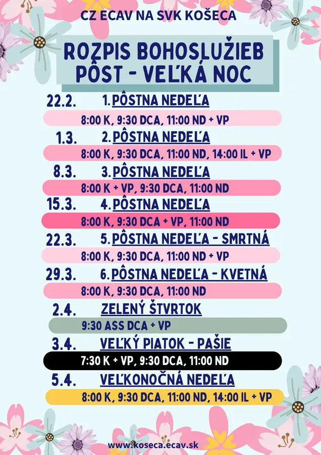 Rozpis bohoslužieb Pôst - Veľká noc 2026